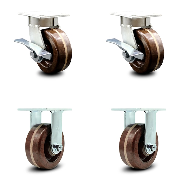 5 Inch Kingpinless High Temp Phenolic Wheel Caster Brakes 2 Rigid SCC, 2PK